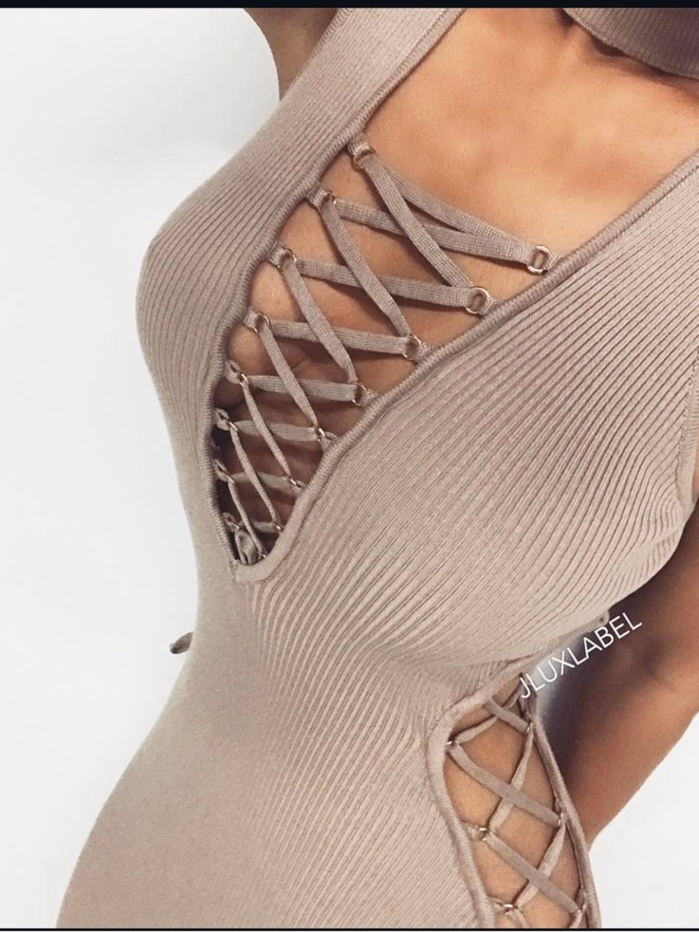 JLUXLABEL Beige Ribbed Lace-Up Bodycon Dress